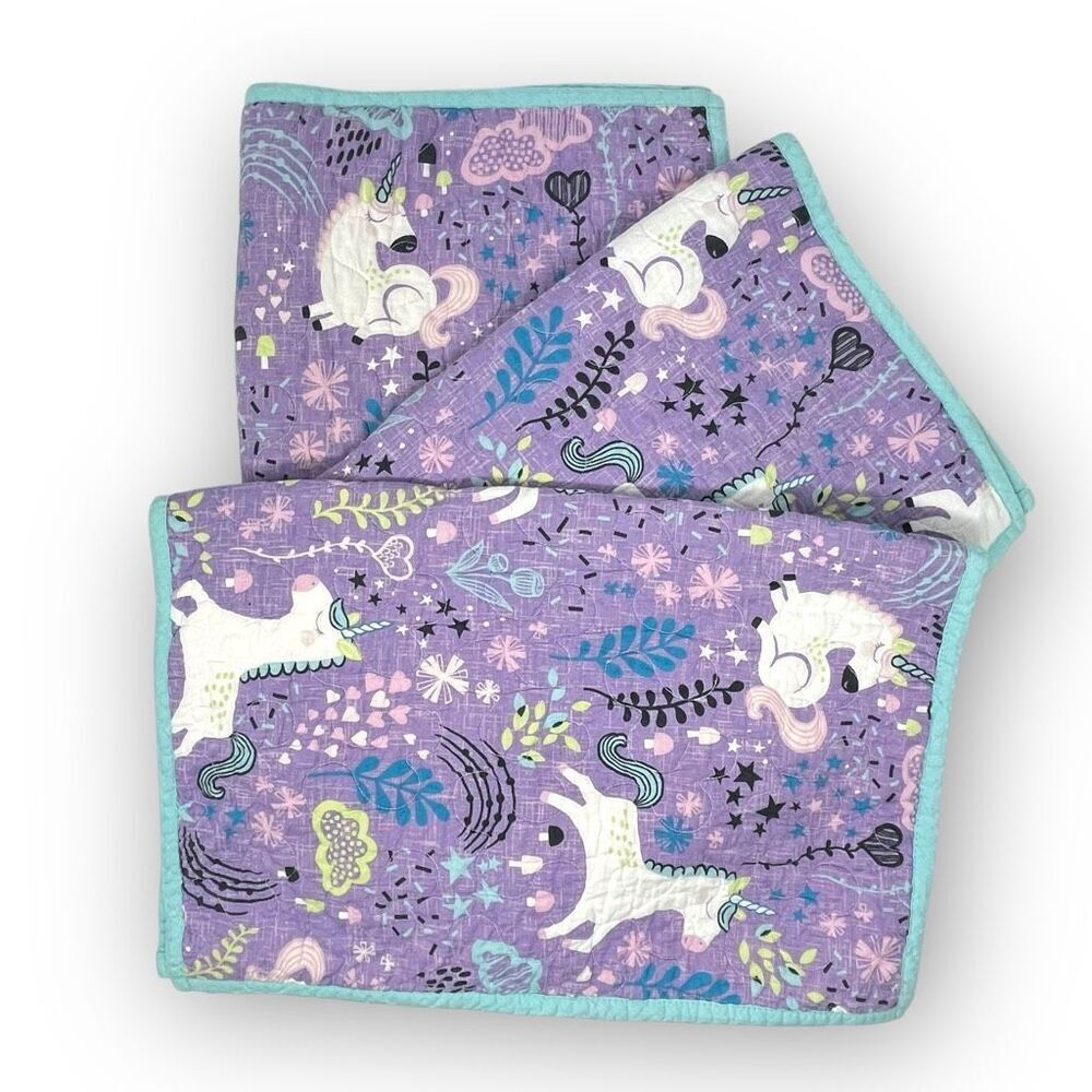 Urban Habitat Kids Ella Unicorn Quilt Quilted 3 Pillow Shams Purple Teal Used